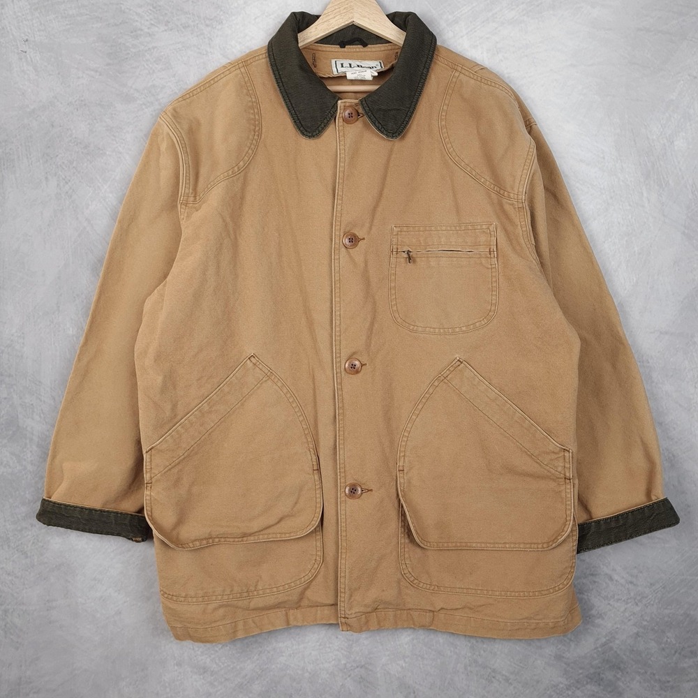 Vintage LL Bean Barn Coat Mens Large Brown Canvas Corduroy Collar Workwear